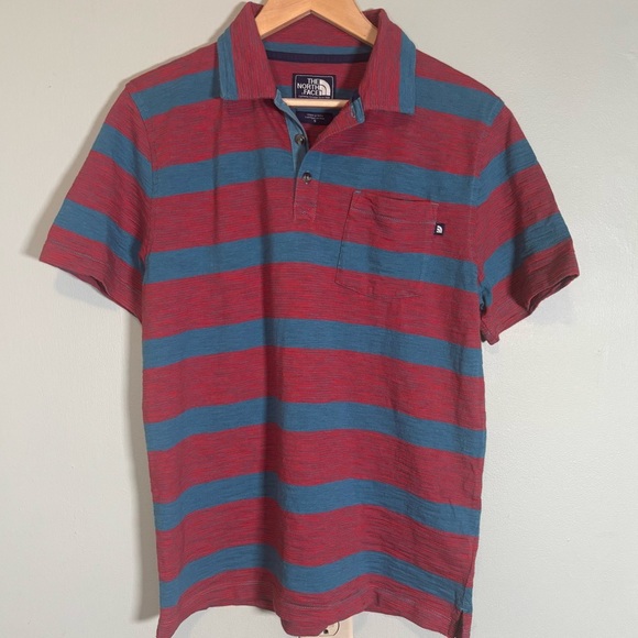 The North Face Striped Short Sleeve Polo-Red and Blue-Cotton Blend-Men Small - Picture 2 of 6